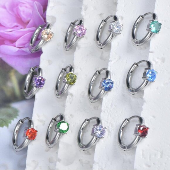 Women’s December Birthstone Cubic Zirconia Hoop Earrings, Small 12mm Stainless S - Picture 7 of 8